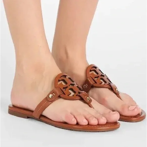 Tory Burch Miller Sandal Thong Patent Calf Leather Sandals Tan - Picture 1 of 11